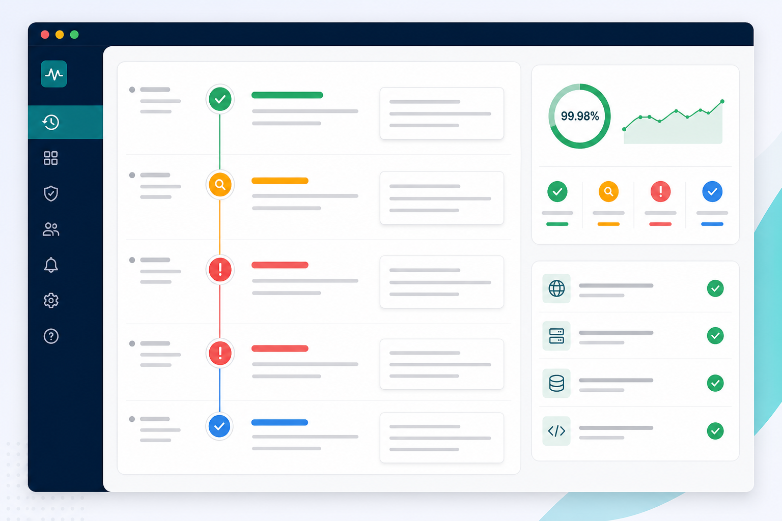 Timeline: A clean incident history timeline UI showing timestamps, status changes, and resolution notes for a client website for White-Label Status Pages: Impress Clients With Pro Reporting