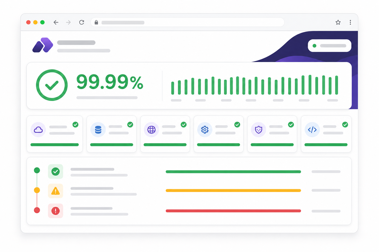 Timeline: A mockup of a branded status page showing a custom logo, client brand colors, uptime percentage, and incident history timeline, with a custom domain visible in the browser bar for White-Label Status Pages: Why Agencies Need Them