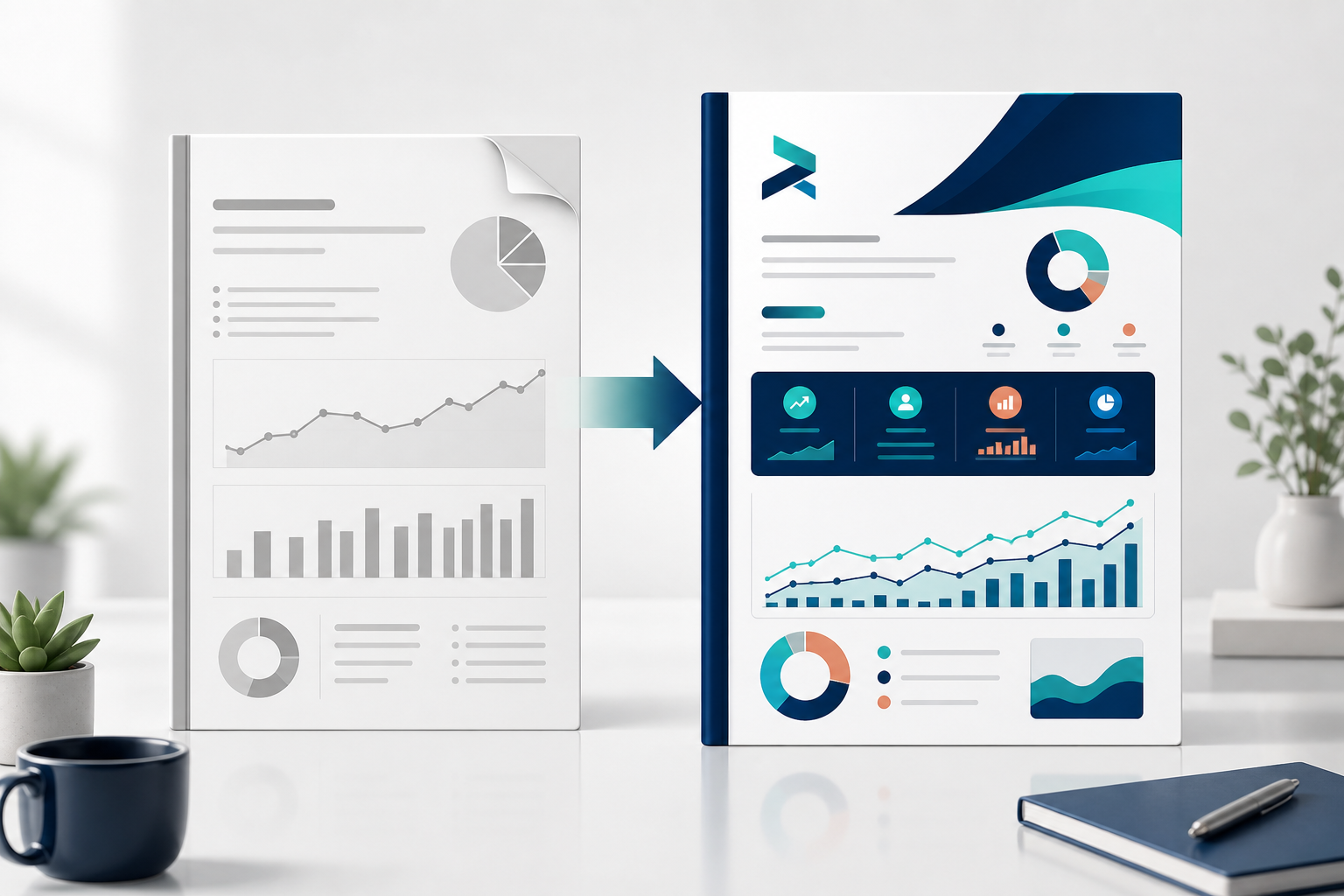 Comparison: Side-by-side comparison of a generic unbranded PDF report versus a polished whitelabeled agency report with logo and custom colours for Whitelabel Reporting: Turning Ad Intelligence Into Revenue