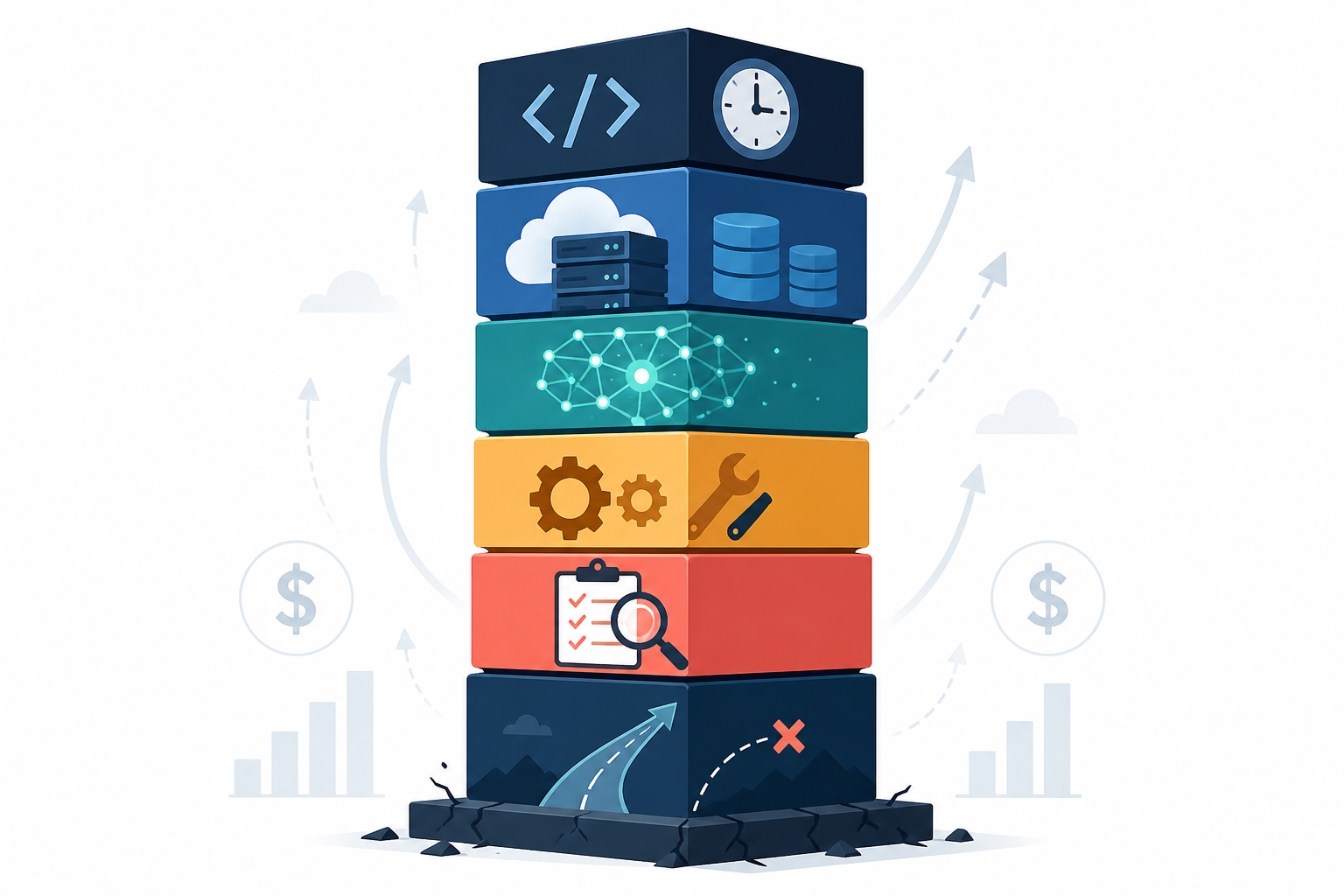 Infographic: An infographic breaking down the hidden cost categories of building an in-house ad tracking tool: developer time, hosting/storage, platform maintenance, AI analysis, QA, and opportunity cost, shown as stacked cost blocks building into a tall tower. for Whitelabel vs In-House: The Real Cost of Ad Tracking Tools