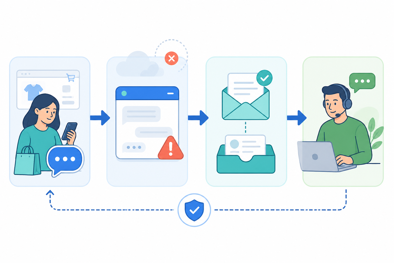 Chart: A simple flowchart diagram showing the fallback path from live chat widget failure to email-to-ticket capture to manual team response, using friendly icons and arrows for Why 99.9% Uptime SLA Matters for E-commerce Support