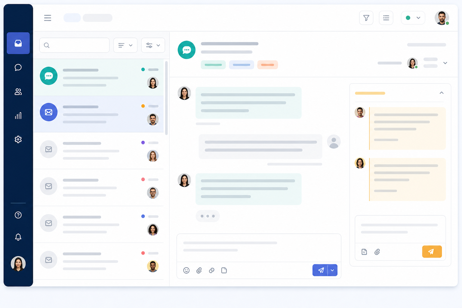 Illustration: A mockup-style screenshot illustration of a shared inbox interface showing a live chat conversation and an email ticket sitting side by side in the same conversation list, with tags and internal notes visible for Why a Shared Inbox Beats Juggling Multiple Support Tools
