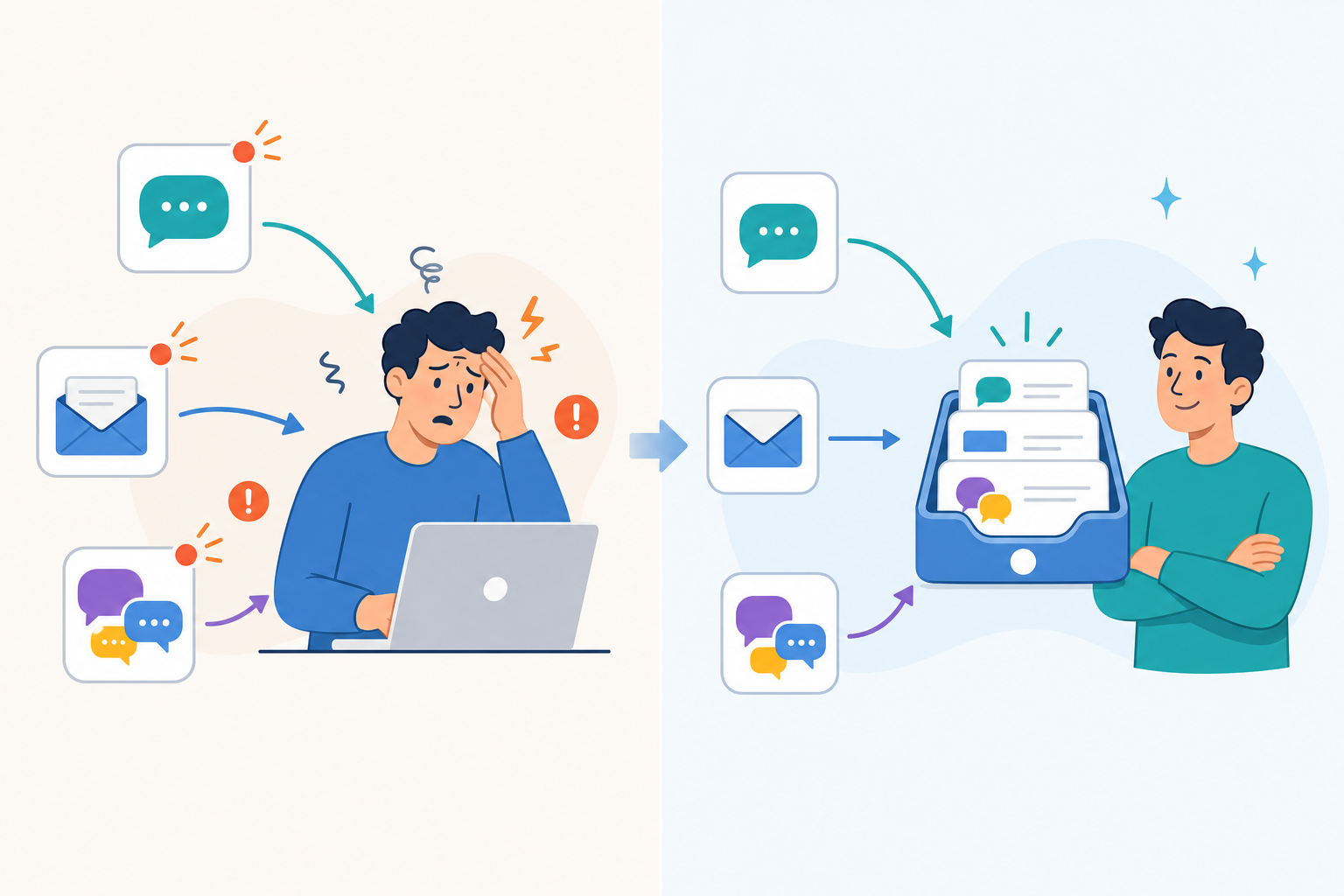 Diagram: A simple diagram showing three separate app icons (chat widget, email inbox, Slack) with arrows pointing to a stressed founder figure in the middle, contrasted with a second panel showing all three merging into one calm inbox icon for Why a Shared Inbox Beats Juggling Multiple Support Tools