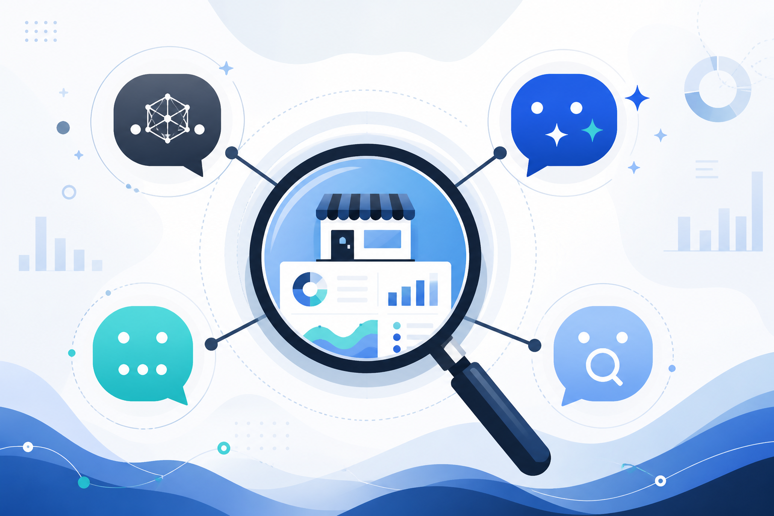 Illustration: A header graphic showing a magnifying glass over interconnected AI chat bubbles labelled ChatGPT, Gemini, Claude, and Perplexity, representing brand monitoring extending into AI search, clean flat design in blue and grey tones for Why Agencies Should Offer AI Visibility Monitoring in 2025