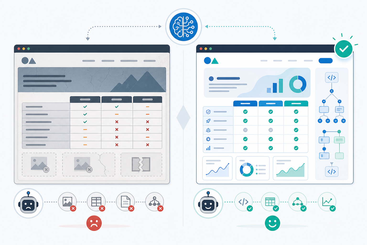 Comparison: A side-by-side comparison graphic contrasting a well-known SaaS brand's outdated comparison page against a smaller competitor's freshly updated, schema-marked comparison page for Why AI Recommends Some SaaS Products and Not Others