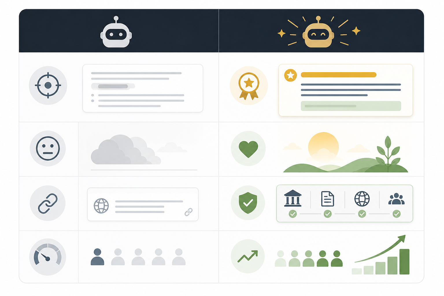 Comparison: A clean comparison table graphic contrasting Mention versus Meaningful Recommendation across columns for position, tone, citation strength, and impact on consideration for Why Being Mentioned by AI Isn't Enough: Sentiment Matters