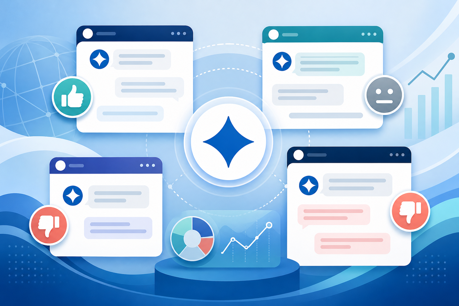 Illustration: A hero banner showing a brand name appearing across multiple AI chat interfaces with mixed emoji reactions (thumbs up, neutral, thumbs down) layered over the text, symbolising that visibility and sentiment are not the same thing for Why Being Mentioned by AI Isn't Enough: Sentiment Matters