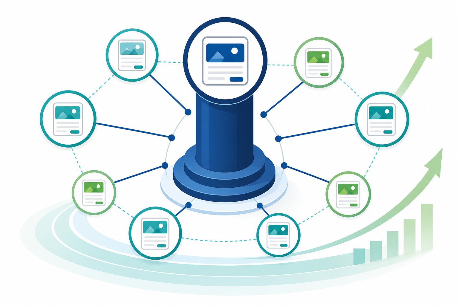 Diagram: A diagram showing a central pillar topic surrounded by interconnected blog post nodes with linking lines between them, representing a topic cluster and internal linking structure for Why Consistent Blogging Builds Long-Term SEO Value