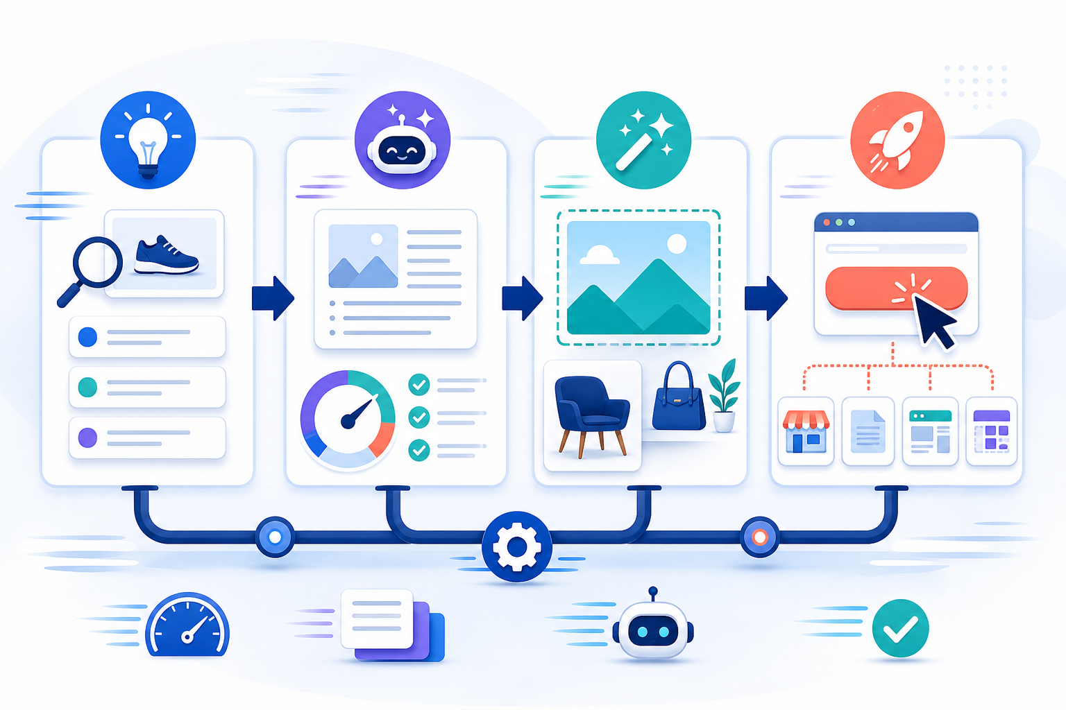 Diagram: A simple diagram showing the Scribe content workflow: topic input, AI generation with quality scoring, automated image creation, and one-click publishing to Shopify, WordPress, Wix, and Webflow icons for Why Content Velocity Matters for E-Commerce SEO Growth