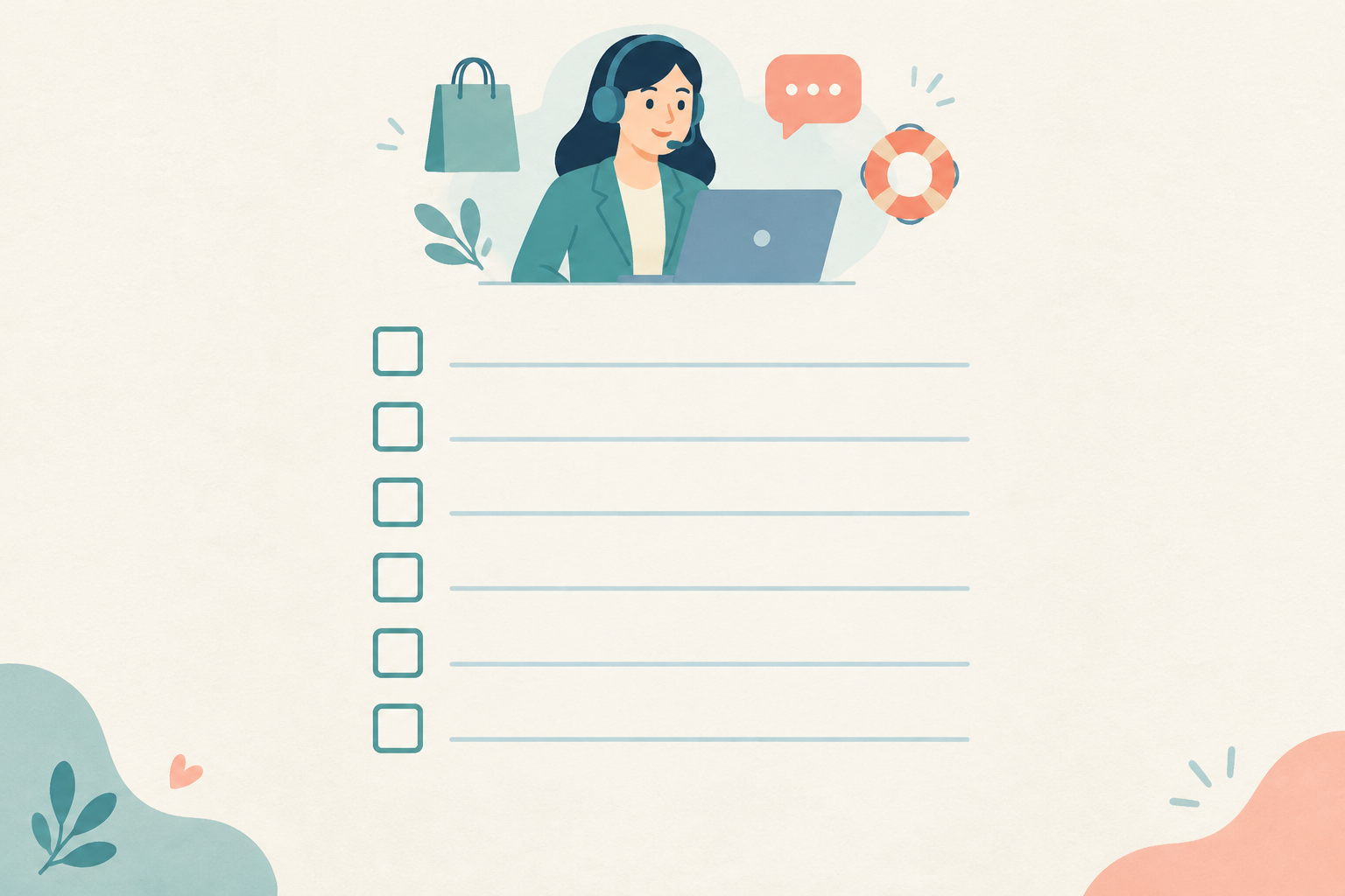 Illustration: Printable-style checklist graphic with six blank checkboxes beneath a smiling support agent wearing a headset at a laptop, clean layout with soft brand colours for Why Customer Support Makes or Breaks Your Online Store