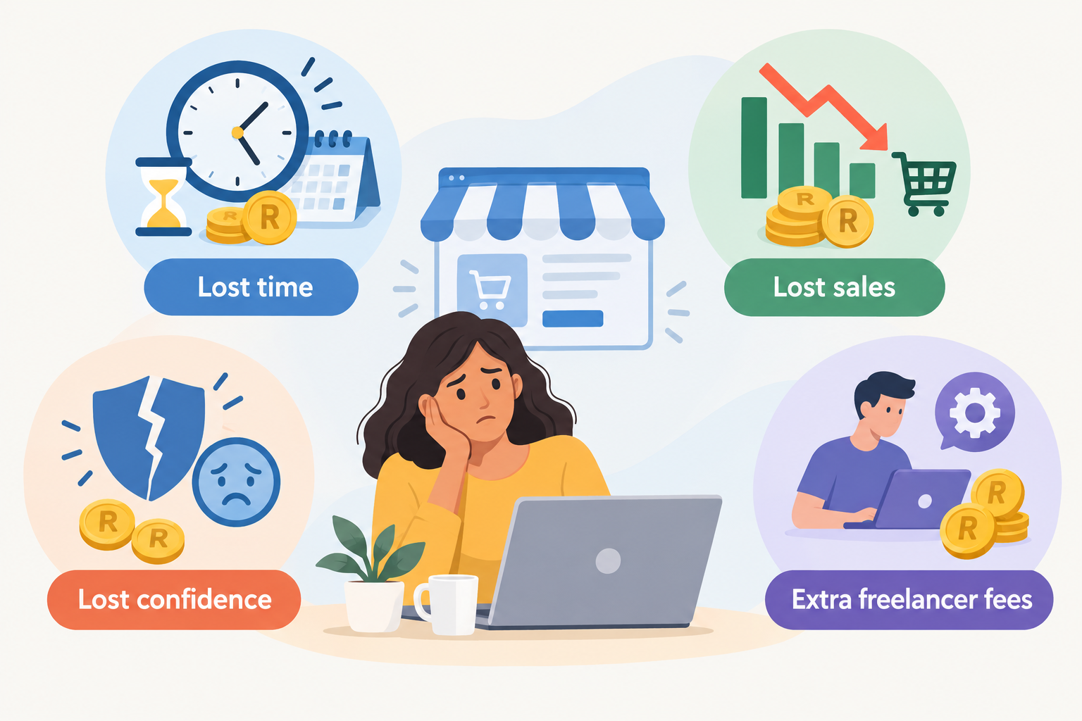 Infographic: Clean infographic showing the hidden costs of unsupported store setup: lost time, lost sales, lost confidence, and extra freelancer fees, with simple icons and a friendly colour palette for Why Customer Support Makes or Breaks Your Online Store