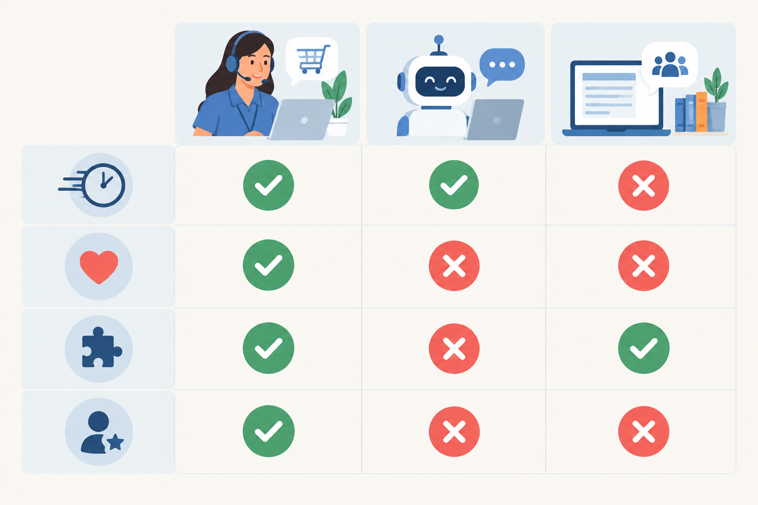 Comparison: Comparison table graphic of live human support, chatbot-only support, and help centre or forum support, rated on speed, empathy, complex problem solving, and personalisation, using tick and cross icons for Why Customer Support Makes or Breaks Your Online Store