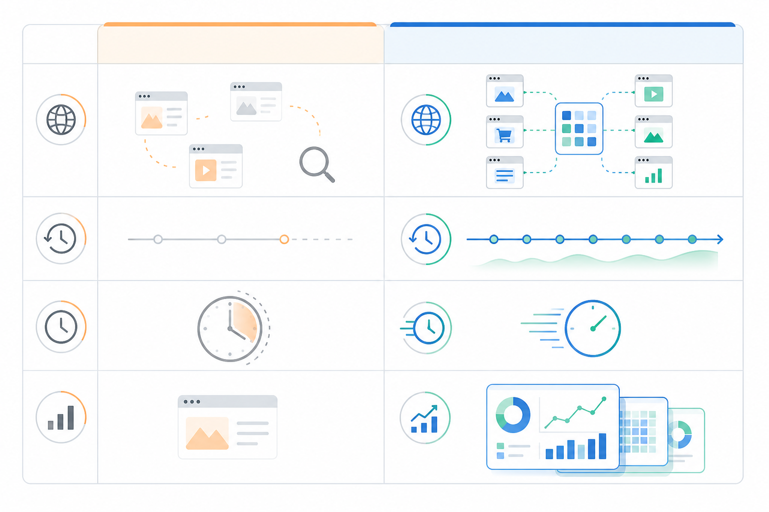 Comparison: A clean comparison table graphic contrasting manual ad monitoring versus using an automated tool, with rows for platform coverage, historical tracking, time required, and insight depth for Why Every Startup Founder Should Monitor Competitor Ads