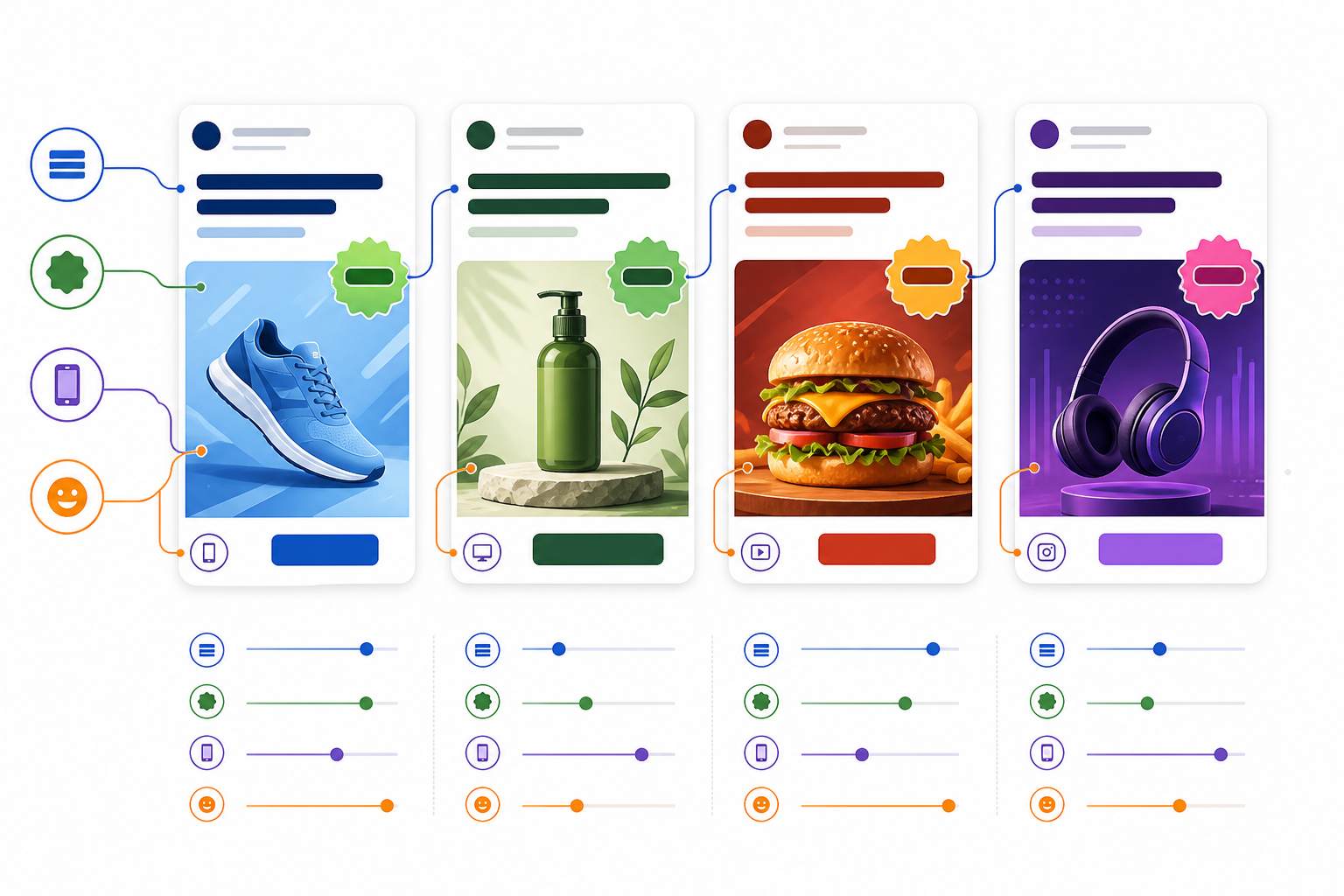 Infographic: An infographic showing four ad creative mockups side by side, each annotated with callouts pointing to headline angle, pricing mention, platform icon, and tone, illustrating how much information a single ad reveals for Why Every Startup Founder Should Monitor Competitor Ads