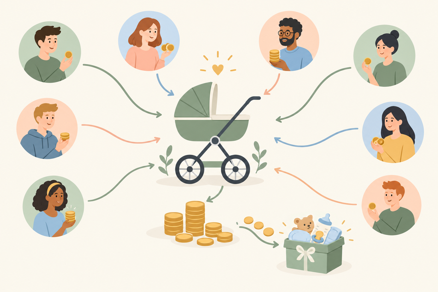 Infographic: A simple infographic showing a worked example of splitting a R4,000 pram between 8 guests at R500 each, with a small note on flexible amounts and what to do with any surplus, clean layout with gentle colours for Why Group Gifting Is the Smartest Way to Buy Big Baby Gear