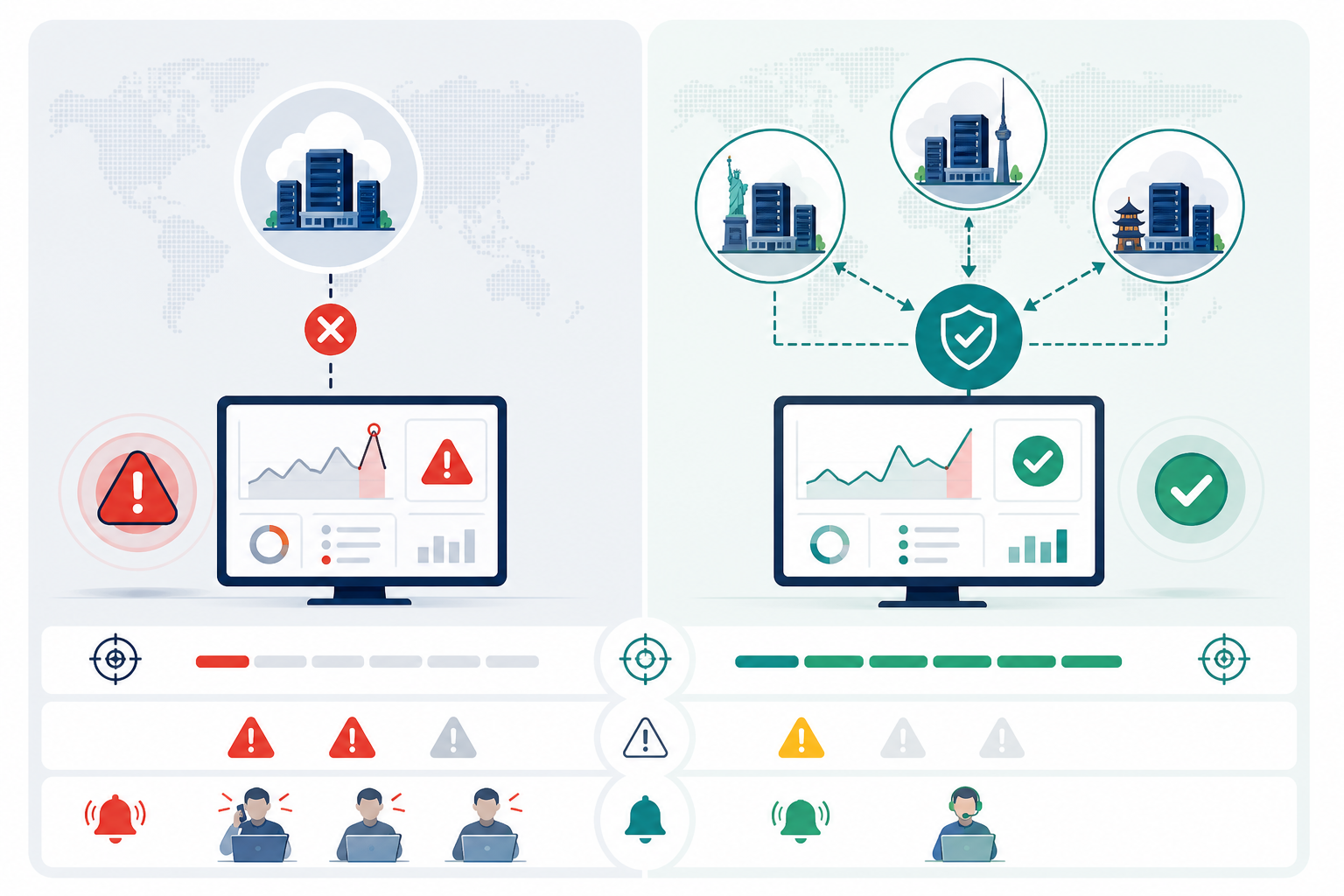 Comparison: A side-by-side comparison table graphic contrasting single-region monitoring and multi-region monitoring across detection accuracy, false positive rate, and on-call impact for Why Multi-Region Failure Verification Prevents False Downtime Alerts