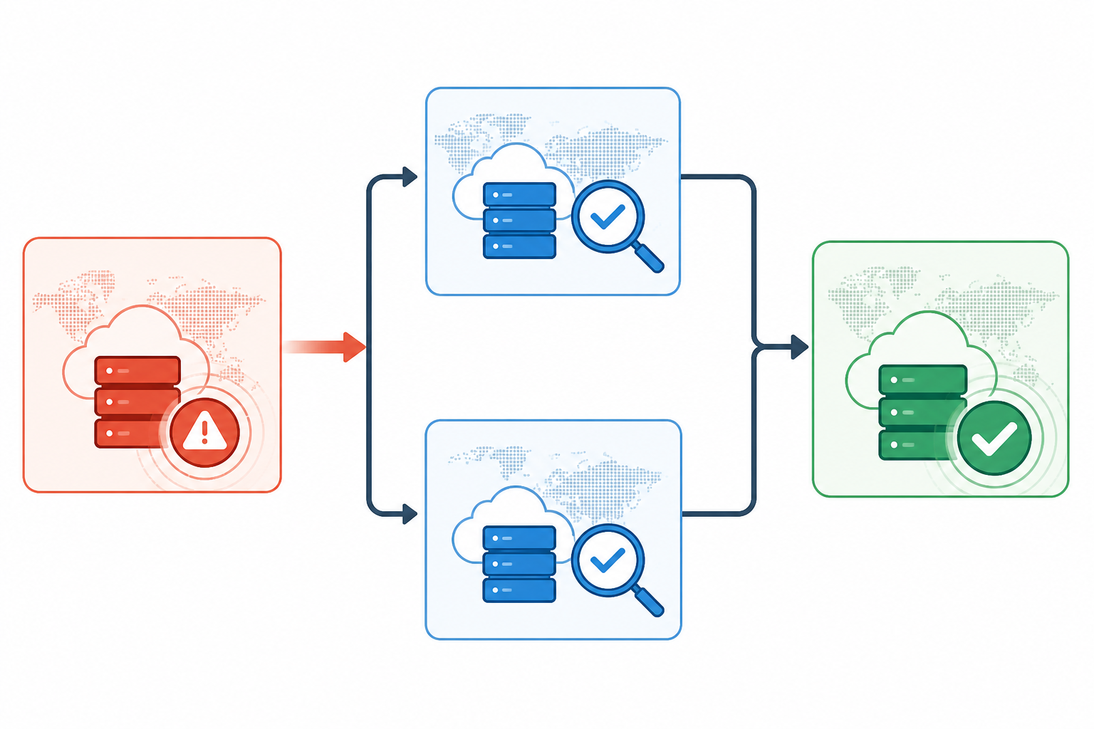 Diagram: A step-by-step flow diagram showing a failure detected in Region A, triggering follow-up checks in Region B and Region C, converging into a single verified incident alert box for Why Multi-Region Failure Verification Prevents False Downtime Alerts