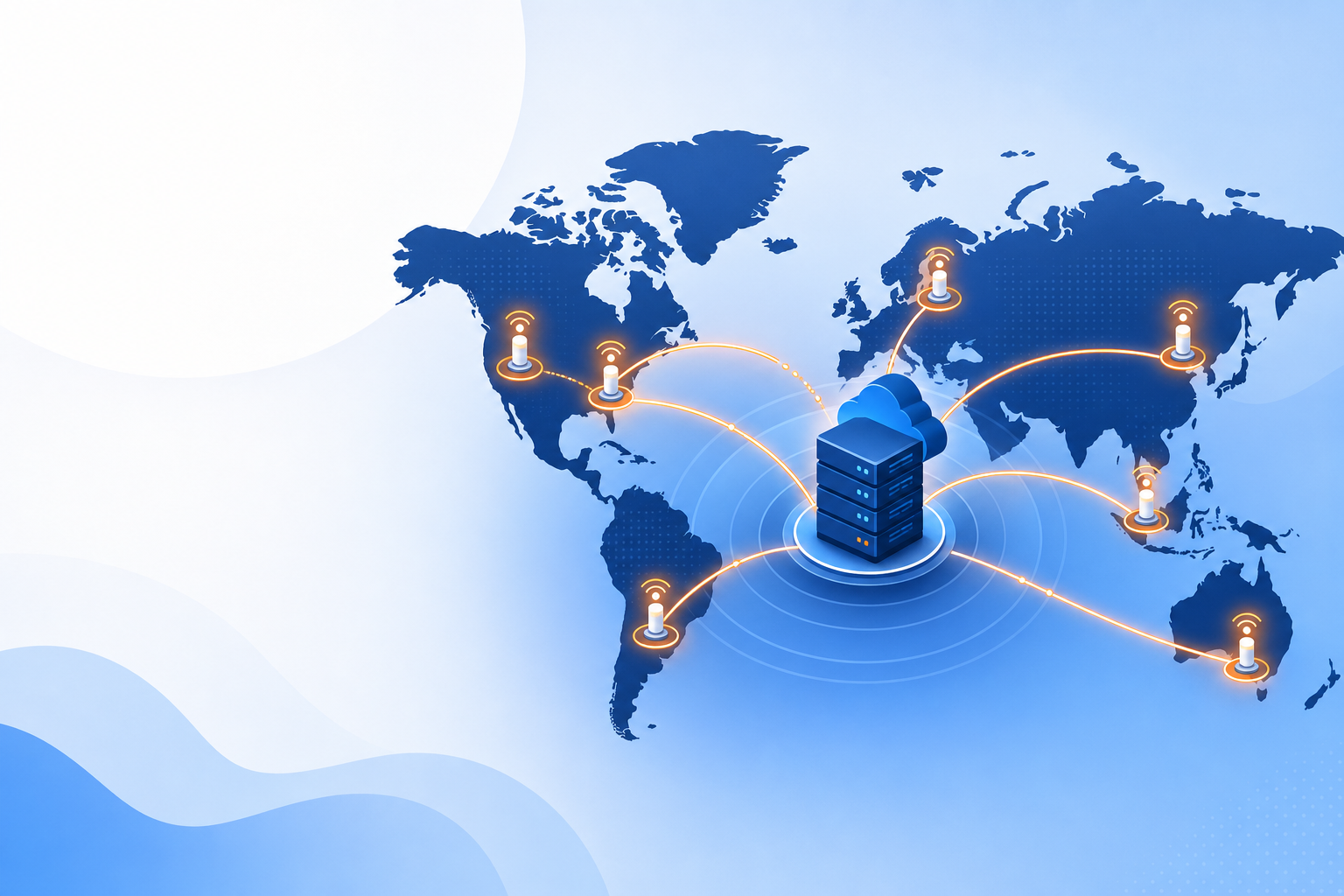 Illustration: Wide hero image showing a world map with monitoring probe icons lit up in multiple cities, connected by lines converging on a single server icon, clean modern SaaS illustration style, blue and orange accents for Why Multi-Region Failure Verification Stops False Downtime Alerts
