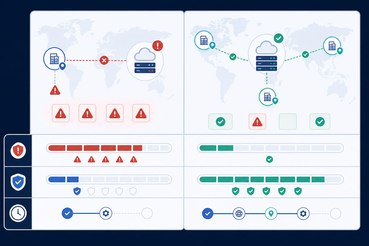 Comparison: Comparison table graphic contrasting 'Single-Region Monitoring' vs 'Multi-Region Monitoring' across columns like False Positive Rate, Alert Trust, and Setup Time, modern SaaS dashboard aesthetic for Why Multi-Region Failure Verification Stops False Downtime Alerts