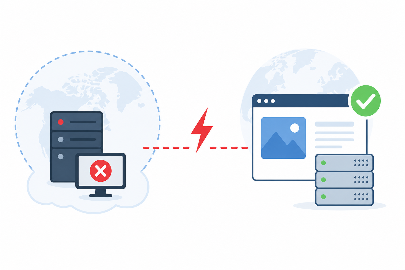 Diagram: A simple technical diagram showing a single monitoring server in one region checking a website, with a broken connection line representing a regional network issue, while the website itself remains fully operational for Why Multi-Region Verification Stops False Downtime Alerts