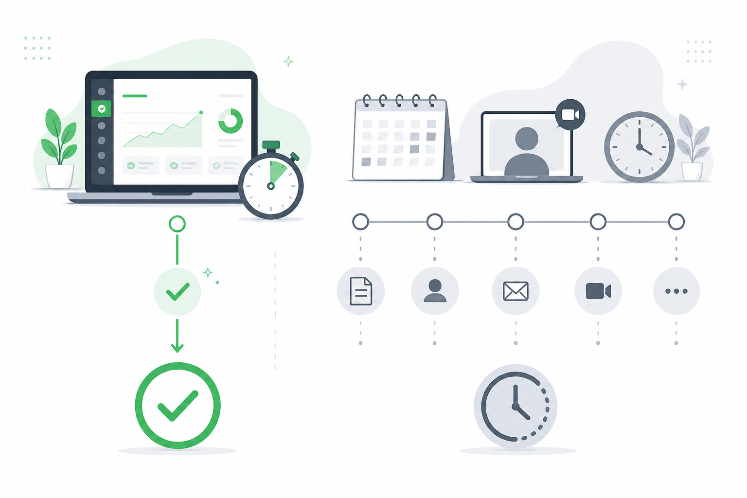 Timeline: A simple side-by-side timeline graphic comparing 'Self-Serve Setup: 5 minutes' with a green checkmark against 'Traditional Onboarding Call Process: 3-5 days' with a greyed-out calendar icon, clean flat illustration style for Why No Onboarding Calls Matter for Fast-Moving Startups