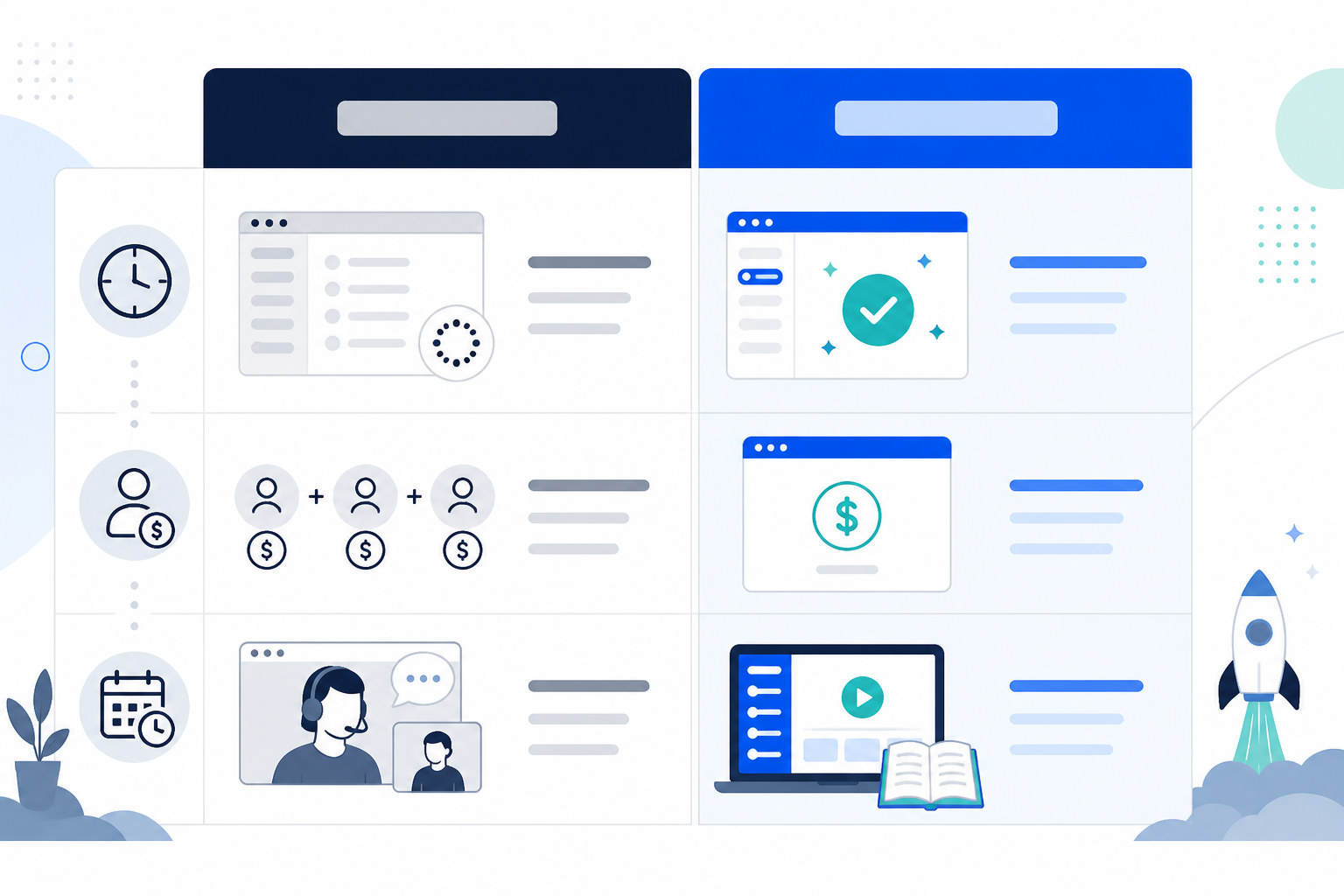 Comparison: A clean comparison table graphic showing two columns, 'Per-Seat SaaS Tools' versus 'Flat-Rate Self-Serve Tools like Sonny', comparing setup time, pricing model, and onboarding requirements, modern SaaS website aesthetic for Why No Onboarding Calls Matter for Fast-Moving Startups