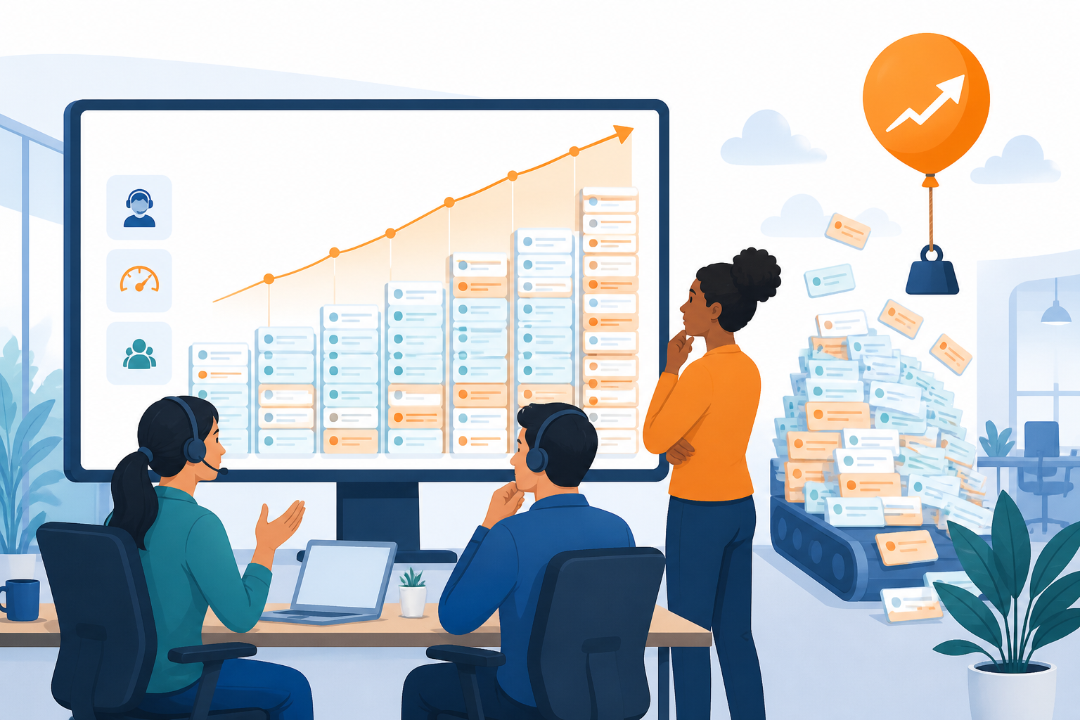 Illustration: A support team looking at a growing ticket queue on a dashboard, visually representing understaffing pressure for Why Per-Agent Pricing Punishes Growing Support Teams