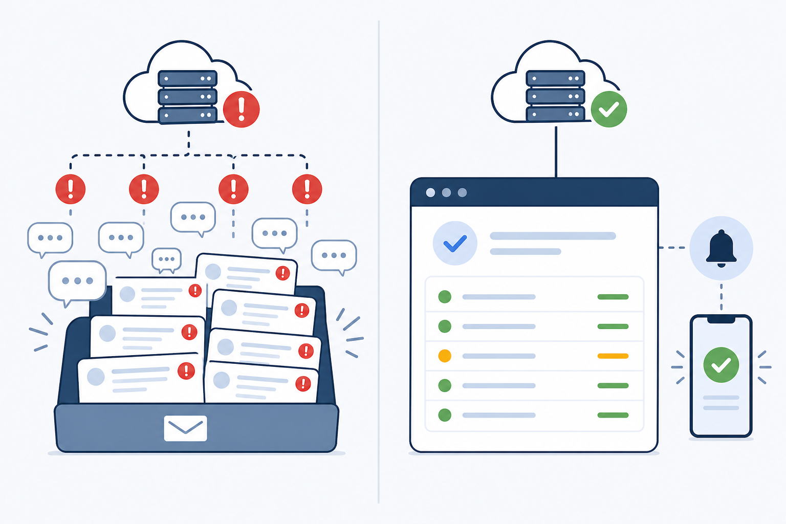 Diagram: Simple split-panel diagram comparing 'without a status page' (multiple support tickets flooding an inbox) versus 'with a status page' (one clear update page with a subscriber notification icon), flat vector illustration style for Why Public Status Pages Are a Trust Signal, Not a Risk