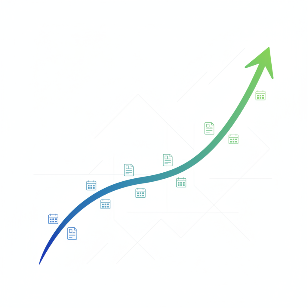 Timeline: A dynamic upward-trending graph showing organic traffic growth over time, with calendar icons and blog post symbols along the timeline, professional business style with blue and green color scheme, clean modern design for Why Publishing Frequency Drives Organic Traffic Growth