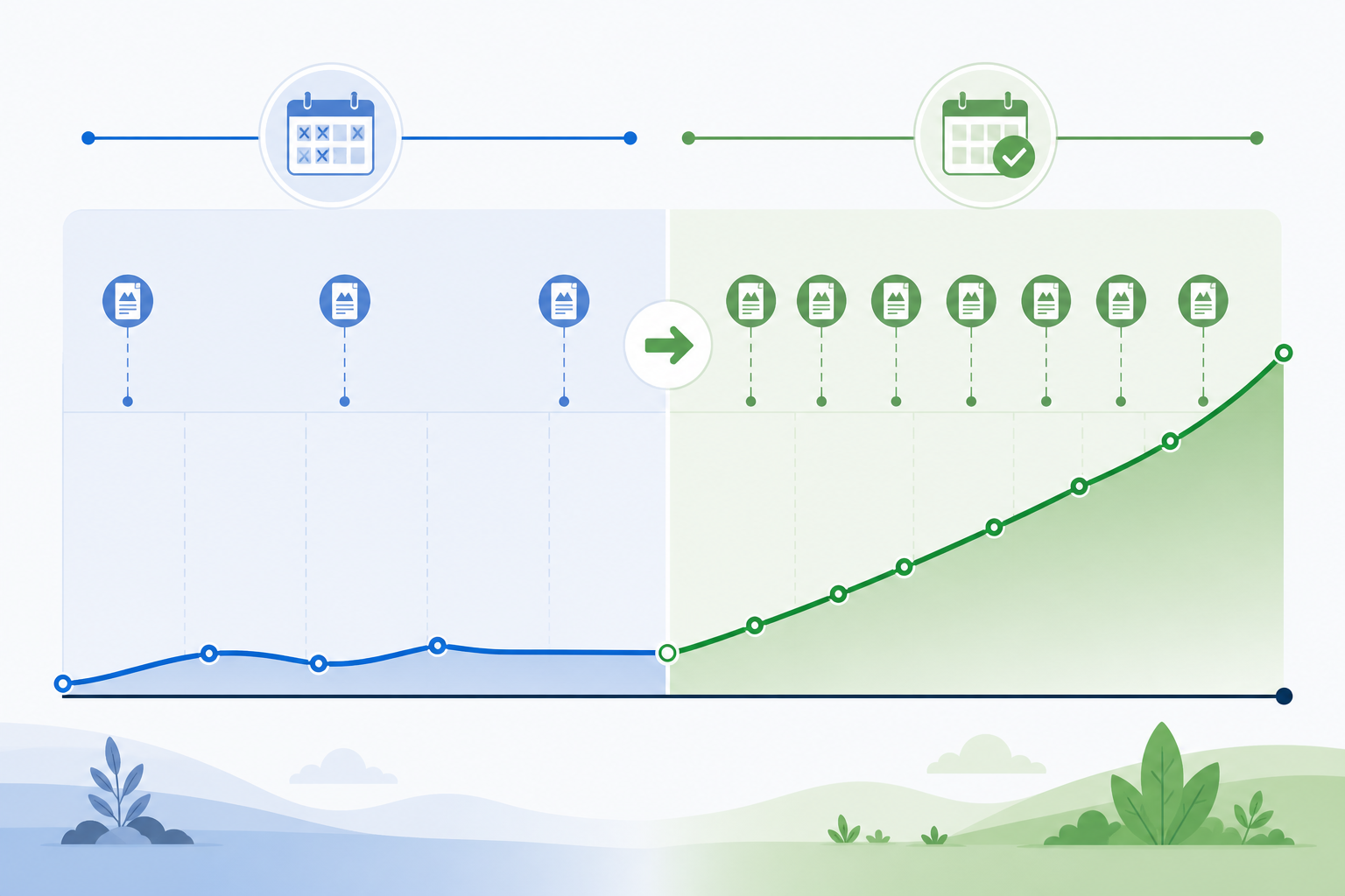Infographic: A before-and-after style infographic showing a brand's content output timeline transitioning from occasional posts to consistent scheduled publishing, with a traffic growth curve overlaid. Alt text: "Hypothetical infographic illustrating the shift from sporadic to consistent publishing and its effect on a traffic growth curve over six months. for Why Publishing Frequency Matters for Organic Growth