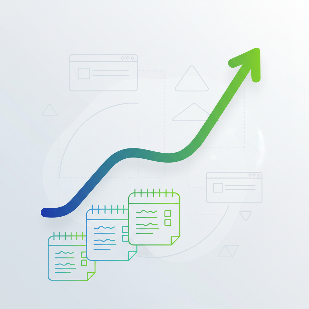 Illustration: A clean, modern visualization showing a graph with organic traffic growth trending upward alongside calendar icons representing consistent publishing schedule, using blue and green tones with an e-commerce context for Why Publishing Frequency Matters for Organic Traffic