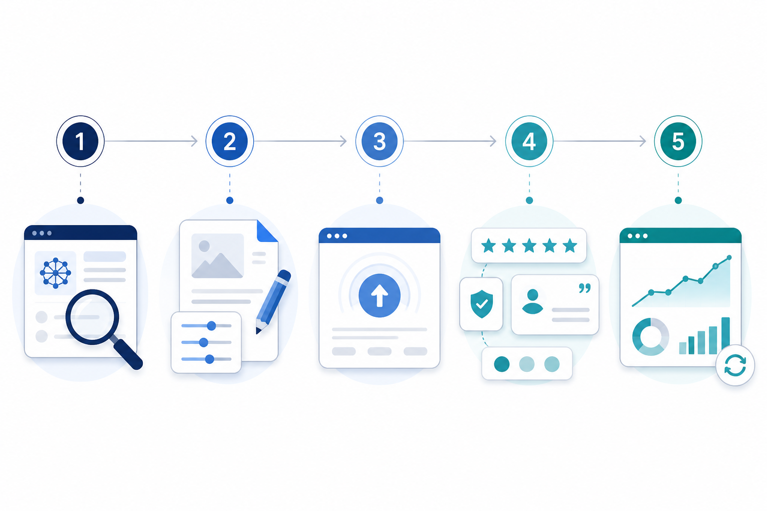 Infographic: A simple 5-step numbered infographic showing the process from AI visibility audit to weekly monitoring, using icons for audit, content fix, publishing, third-party proof, and tracking dashboard for Why SaaS Brands Are Losing Deals to AI Recommendations
