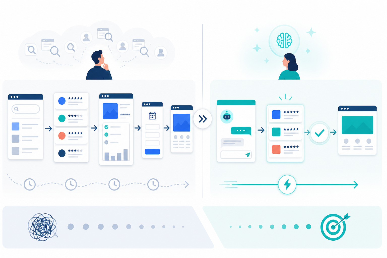 Diagram: A split-screen diagram comparing the old SaaS buyer journey (Google search, review sites, demo request) versus the new AI-assisted journey (AI chat query, instant shortlist, direct vendor visit), clean flat infographic style for Why SaaS Brands Are Losing Deals to AI Recommendations