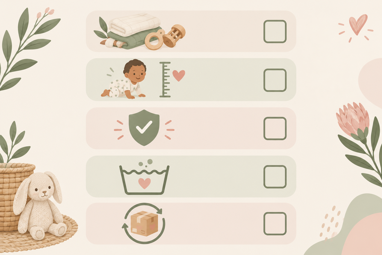Infographic: Friendly infographic checklist titled 'Questions to Ask a Local Baby Artisan' with icons for materials, age suitability, safety testing, care instructions and returns policy. Soft neutral palette with a touch of sage green and blush pink. for Why Shopping Local Matters: Supporting SA Baby Artisans