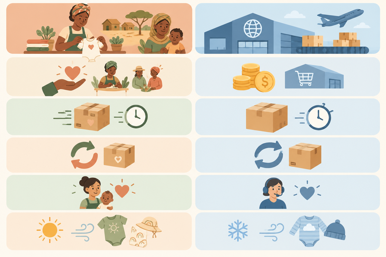 Comparison: Clean comparison table graphic titled 'Local Baby Brands vs Big International Retailers' with rows for where your money goes, delivery time, returns and exchanges, personal service, and suitability for South African climate. Soft pastel palette, friendly rounded icons, easy-to-read type. for Why Shopping Local Matters: Supporting SA Baby Artisans