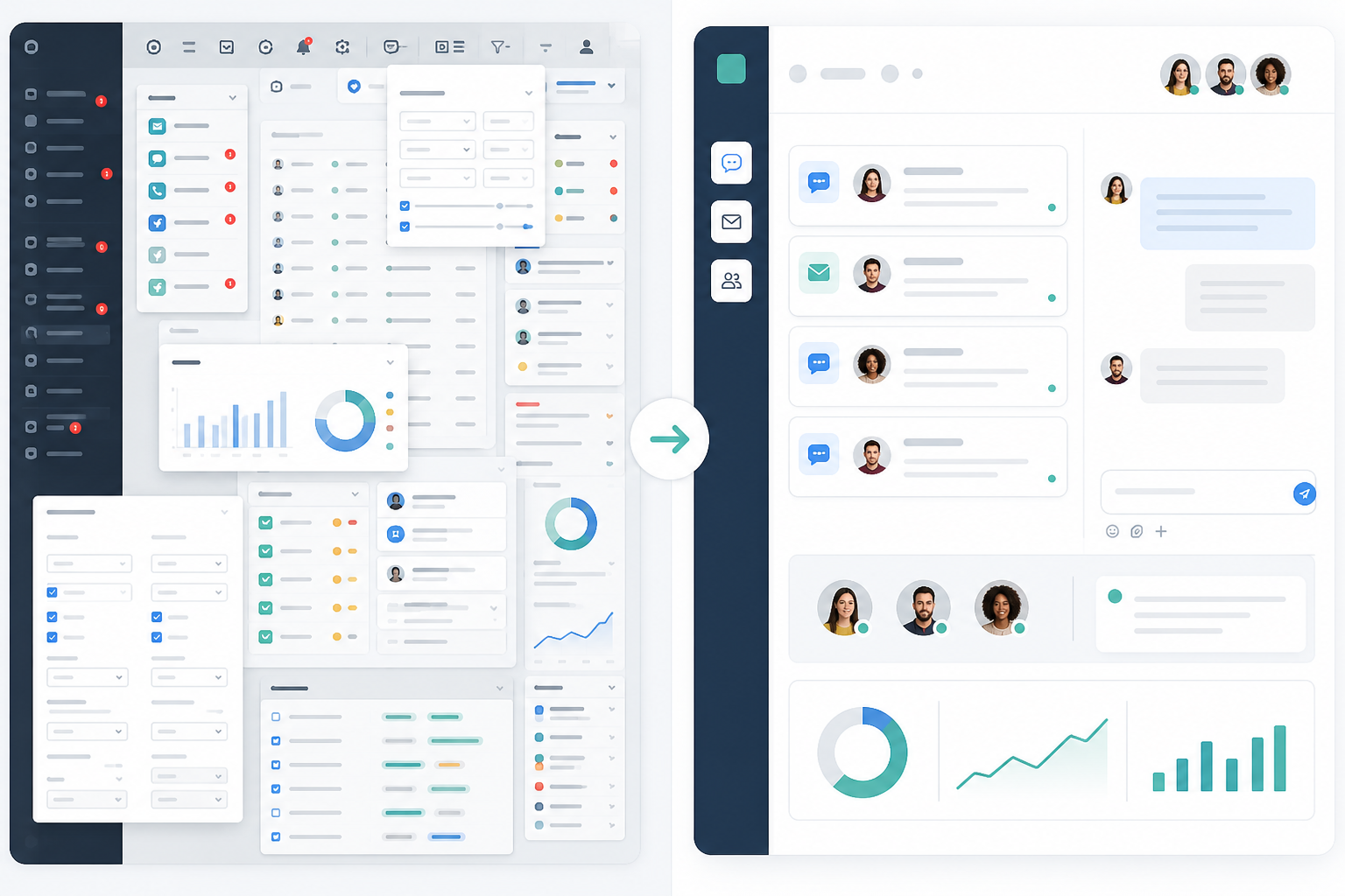 Comparison: A side-by-side comparison graphic showing a cluttered enterprise help desk interface versus Sonny's clean shared inbox interface, highlighting simplicity and unified live chat, email, and collaboration in one view for Why Simplicity Beats Feature Bloat in Support Software
