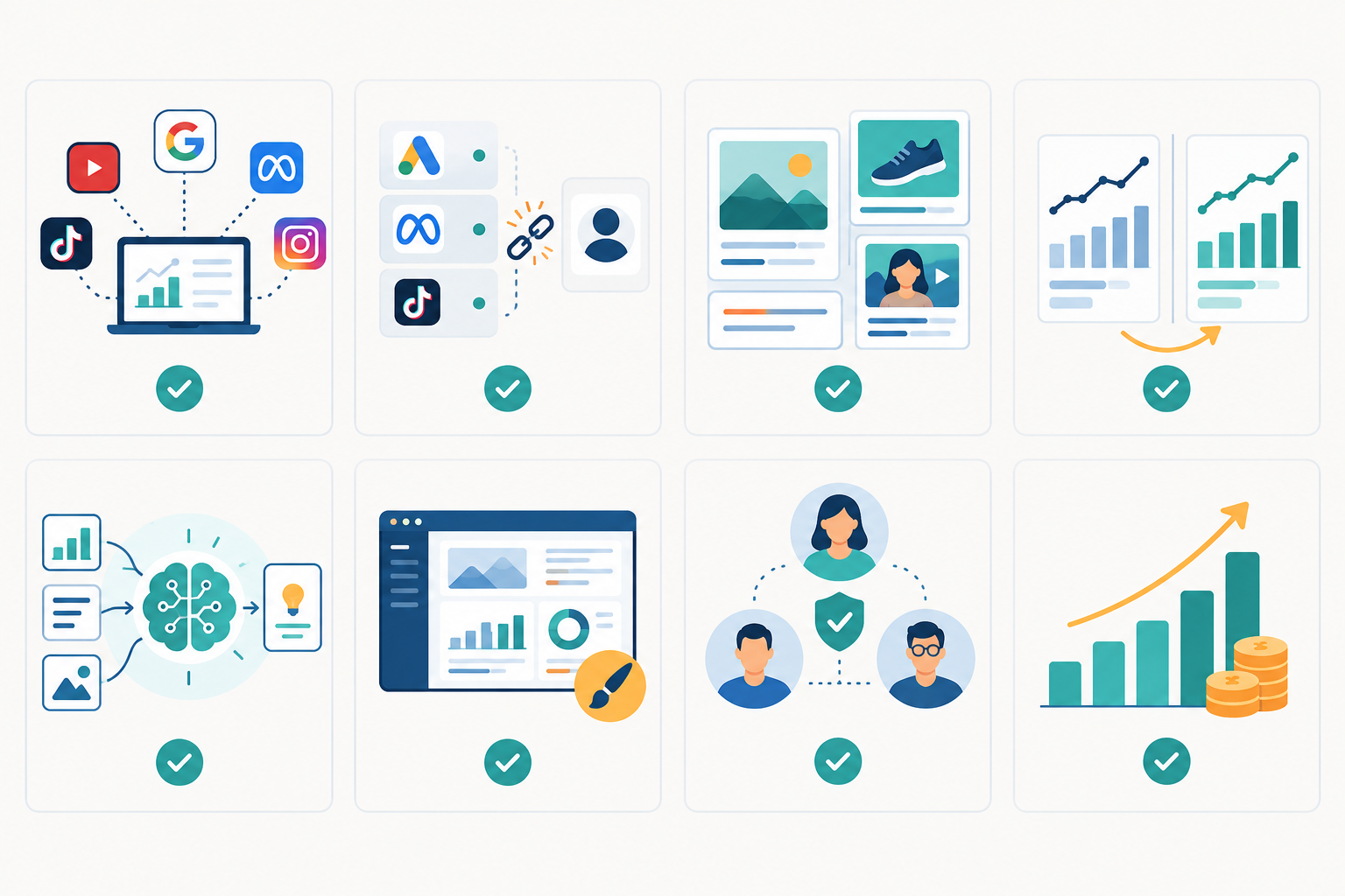 Infographic: Checklist-style infographic of vendor evaluation criteria: platform coverage, no ad account connections, real creatives and copy, week-over-week diffs, AI analysis, full whitelabel, team roles, scalable pricing for Why Whitelabel Competitive Intel Is a Growth Lever for Agencies