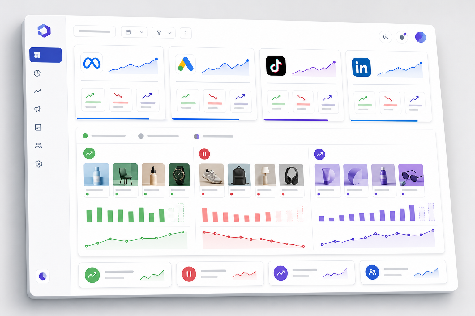 Illustration: A whitelabeled dashboard mockup showing competitor ad monitoring across Meta, Google Ads, TikTok and LinkedIn logos, with a week-over-week diff panel highlighting new, paused and scaling ads, agency branding placeholder at top for Why Whitelabel Competitive Intel Tools Boost Agency Growth