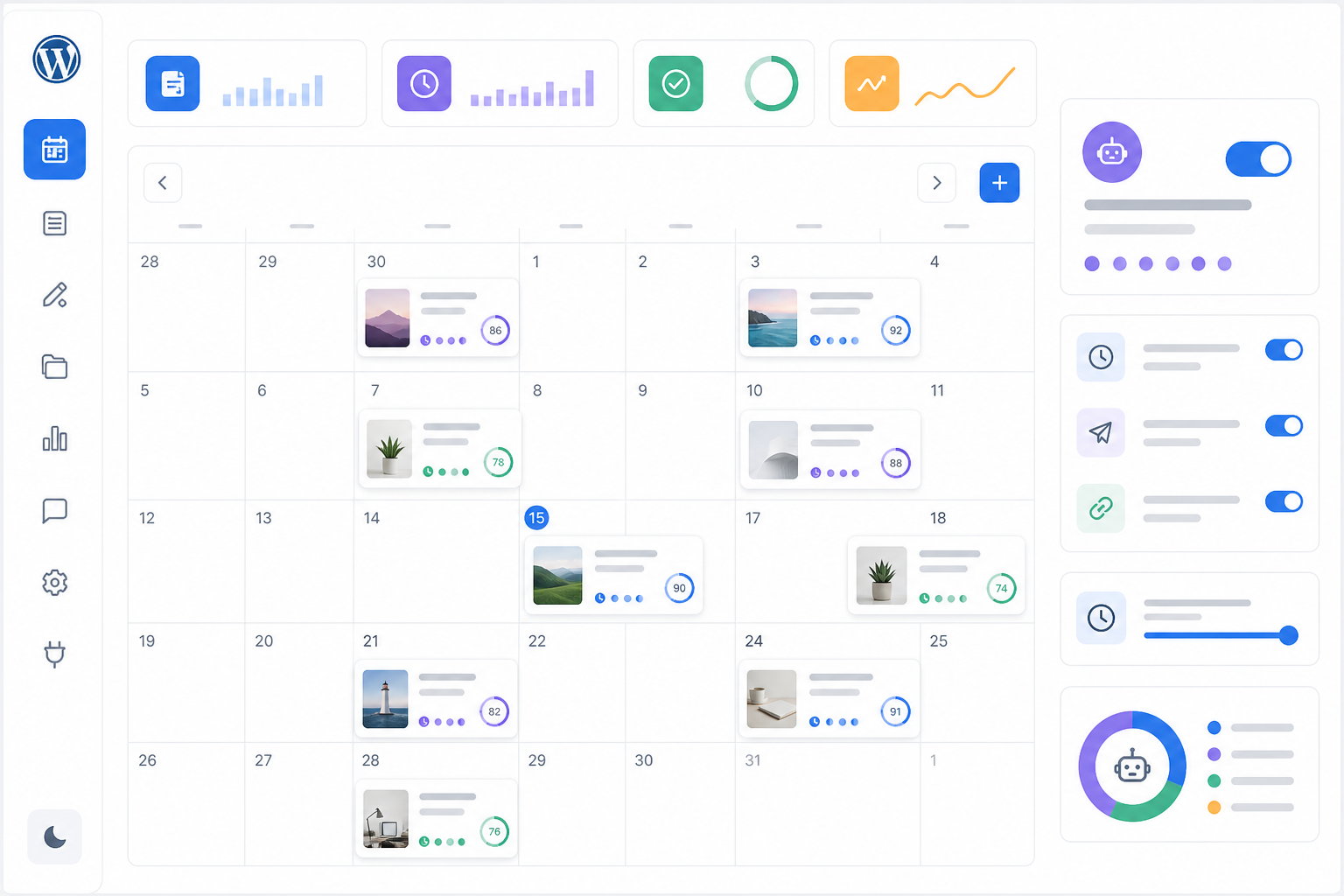 Illustration: A screenshot-style mockup of a content scheduling dashboard showing a monthly calendar with blog post titles placed on specific dates, a toggle switch labeled 'Auto-Publish', and a quality score badge next to each post for WordPress Blog Automation: A Step-by-Step Guide