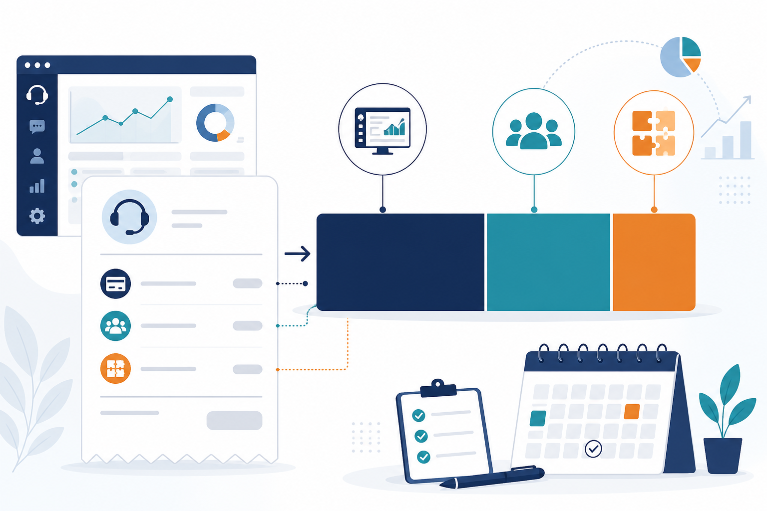 Infographic: A simple infographic breaking down a support software invoice into base fee, per-seat charges, and add-on costs, shown as stacked bar segments adding up to a total monthly cost, clean flat design style for Year-End Support Review: Metrics to Track Before Planning 2025