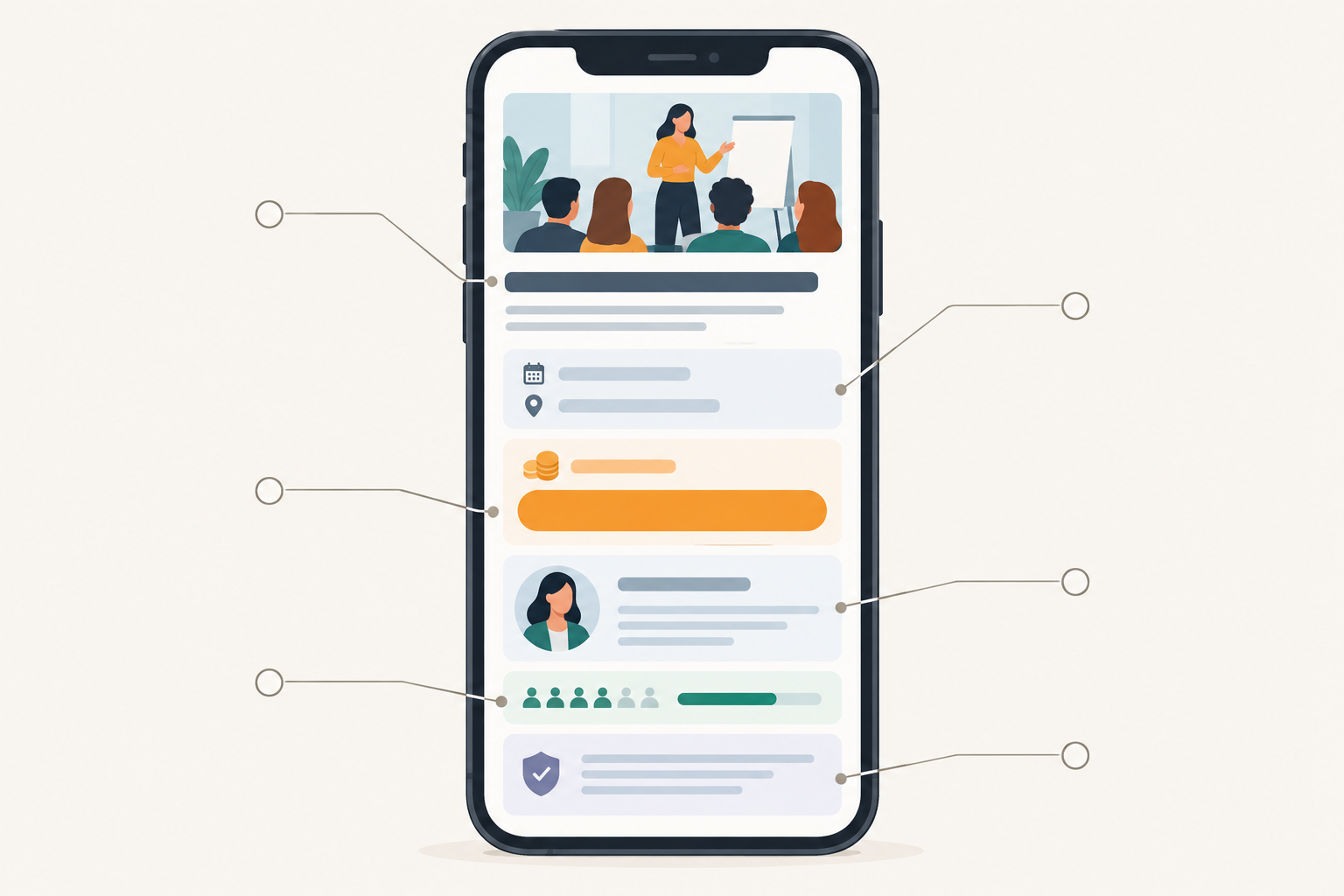 Illustration: Annotated mockup of a mobile workshop ticket page with labels pointing to headline, date and venue, price, Buy button, host bio, seats left, and refund policy for Your Ultimate Checklist for Selling Workshop Tickets
